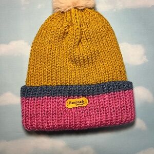 Handmade Knit Pom Beanie - Mustard, Pink & Blue